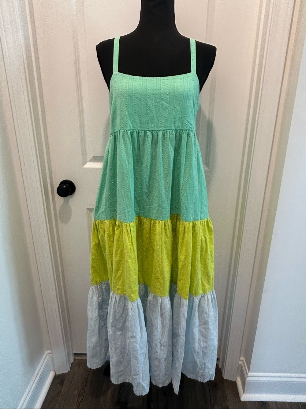 Tanya Taylor Tiered Swiss Dot Colorblock Maxi Dress Size 2 Mint Green Lime